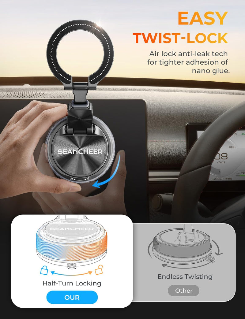 SEANCHEER Detachable 2-in-1 Magnetic Phone Holder for Car, Car Phone Mount | 360° Adjustable Suction Cup Phone Mount for MagSafe Cell Phone Holders for Your Car Dashboard & Windshield, for iPhone 17‑12 Single Head Dual Base