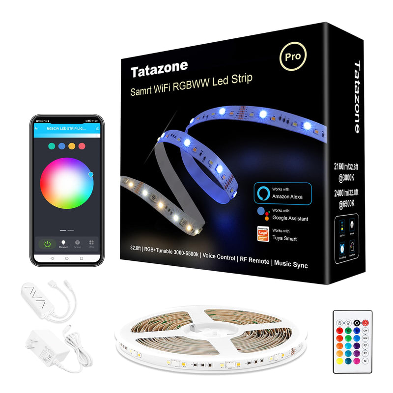 Tatazone RGBWW Smart LED Strip Lights, 32.8ft Tunable White 3000K to 6500K+RGB WiFi Led Light Strips Work with Alexa Google, Music Sync Color Changing Indoor Rope Lights for Kitchen, Room, Cabinet WiFi-32.8ft-Alexa and Google