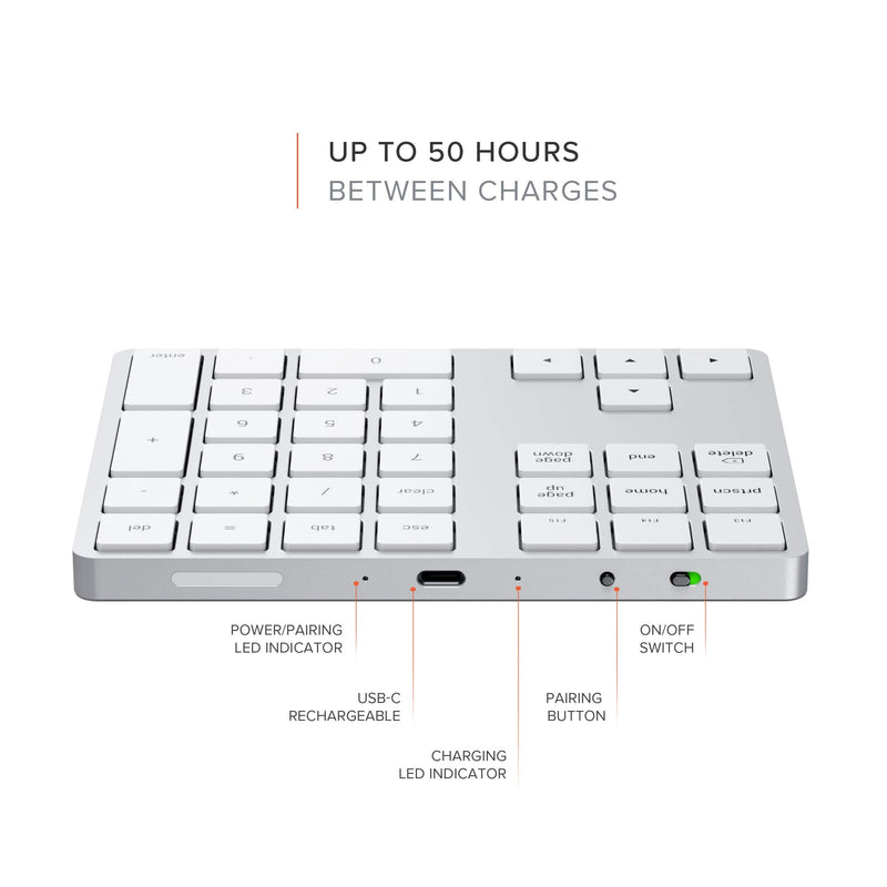 Satechi Bluetooth Extended Numeric Keypad – Slim Rechargeable 34-Key Numberpad – Compatible with 2020 MacBook Air, 2020 iPad Pro, 2020/2019 MacBook Pro, iMac/iMac Pro (Silver) Silver