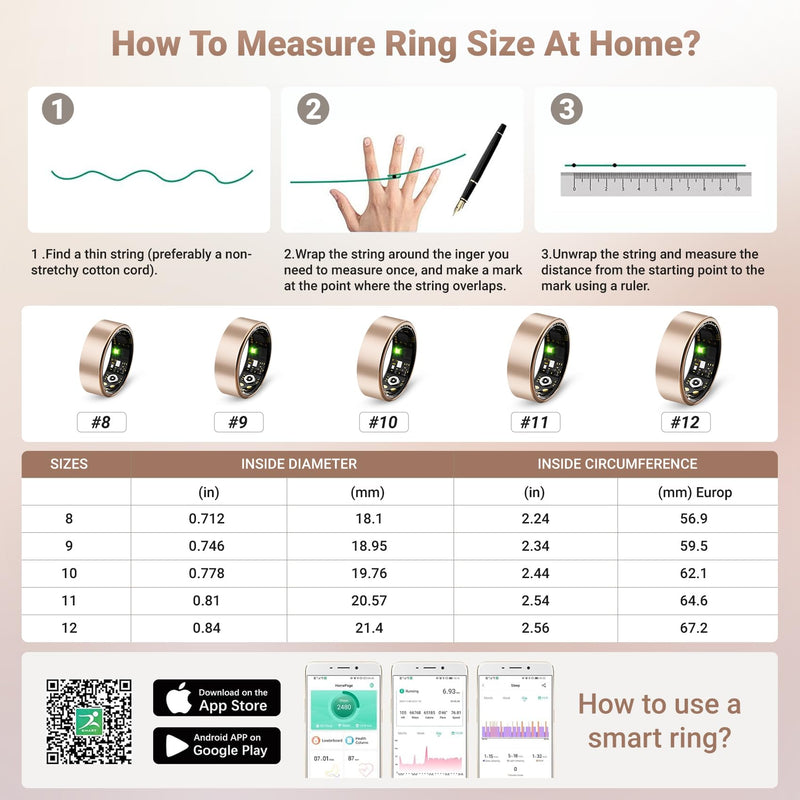 Smart Ring for Women Men, Sleep Tracker Ring with Heart Rate, Blood Oxygen, Fitness Ring for Activity Tracker/Steps/Calories, No Subscription, Waterproof Health Rings,Utra Battery Life (Rose Gold, 10)