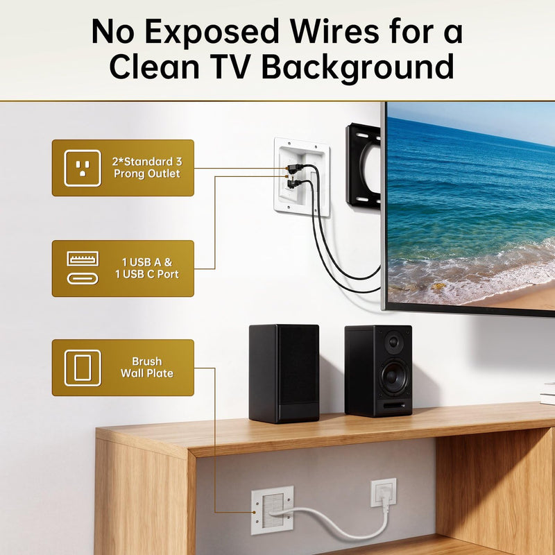 in Wall Cable Management Kit with Recessed Power Outlet for Home Theater | Dual AC Outlet and USB A+C Port, TV Cord Hider for Wall Mounted TV - 9FT Cord, HDMI TV Cable Hider, Safe Cable, Easy Setup