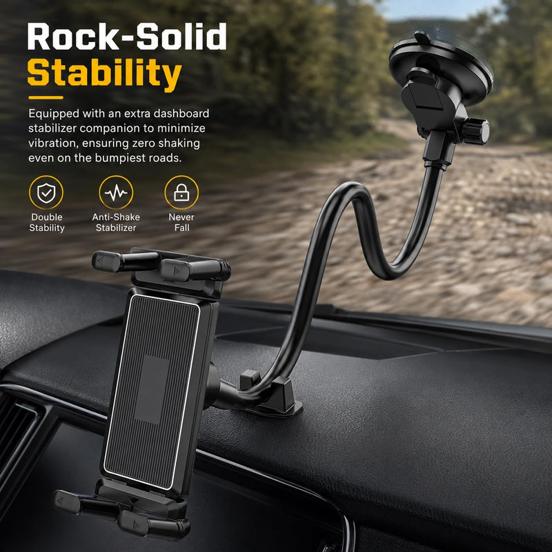 Car Windshield Tablet Mount 360° Rotation Suction Cup Holder Large Adjustable Clamp Fits 5 to 15 Inch Devices for Truck SUV Navigation and Entertainment, Black