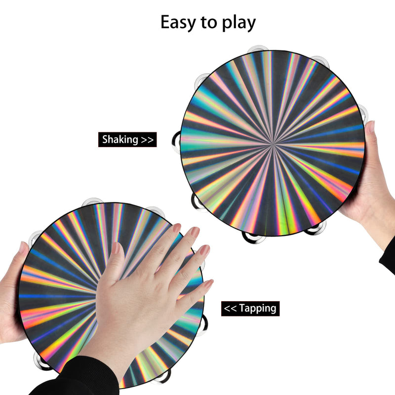 EASTROCK Radiant Tambourine Hand Held Drum 10 Inch Double Row Jingles Reflective Tambourine Musical Instrument for Adults Church KTV Party (2 Packs) 10 inch (2 Pack)