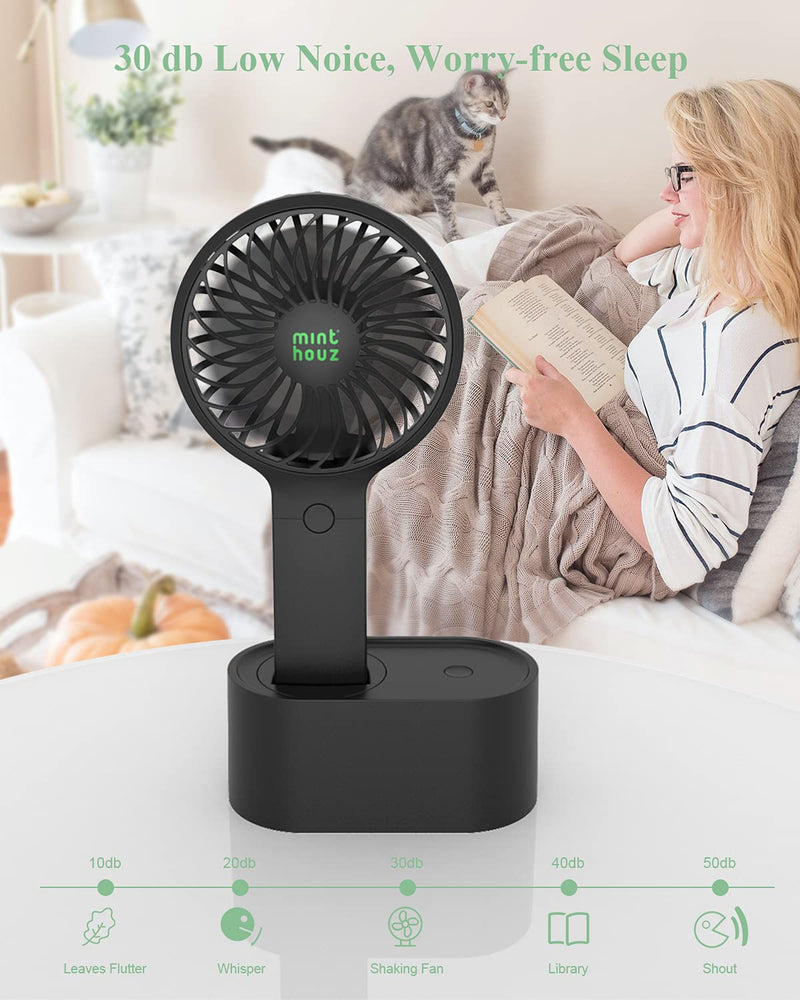 Minthouz Handheld Fan, 90° Automatic Head Shaking Personal Fan with Rotating Base, 3 Speed Adjustable Portable Fan Rechargeable Desk Fan with 2000mAh Built-in Battery, Mini Fan for Office/Home/Outdoor Black