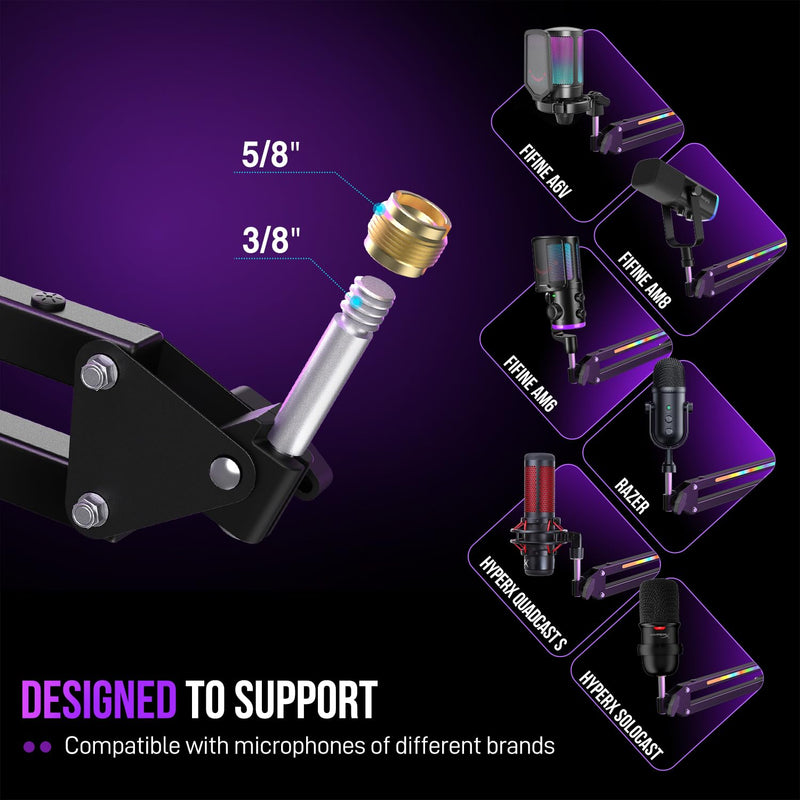 FIFINE Microphone Boom Arm, Metal Mic Arm Stand with RGB Control, 3/8” to 5/8” Screw Adapter, Desk Mount Clamp, Suspension Scissor Microphone Stand for Gaming Streaming-AmpliGame BM38 Black