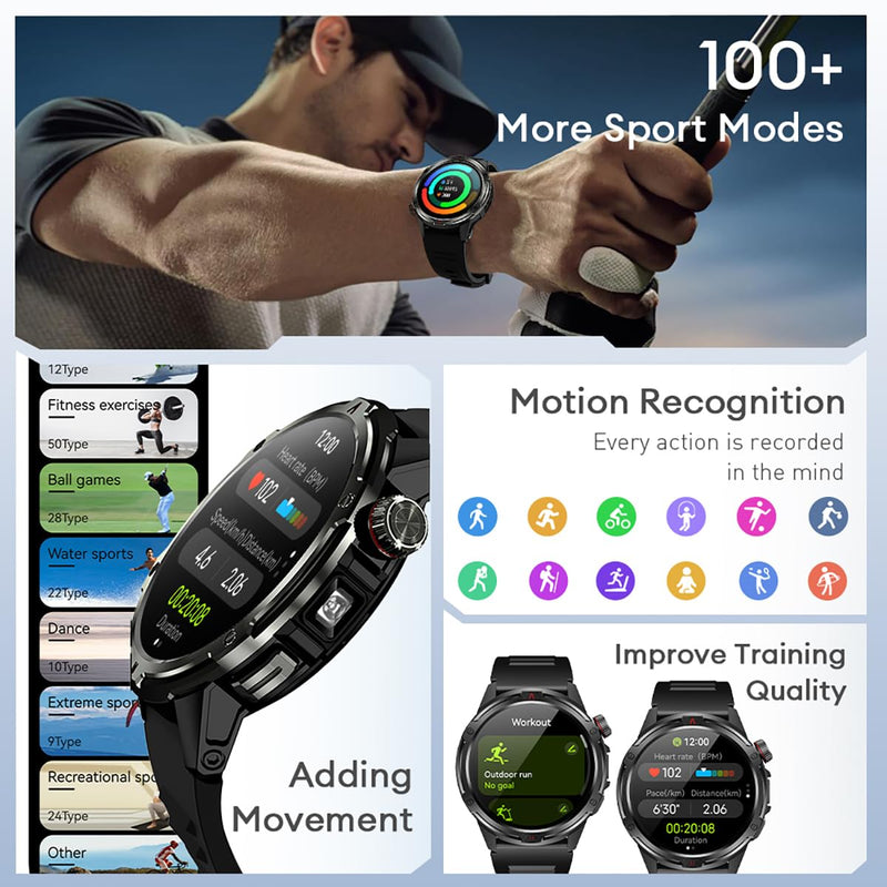AOLON 1.43” AMOLED Smart Watch, 1ATM Waterproof Military Fitness Tracker | AOD Display Bluetooth Call Compass AGPS, Heart Rate SPO2 Sleep Monitor for Men Black