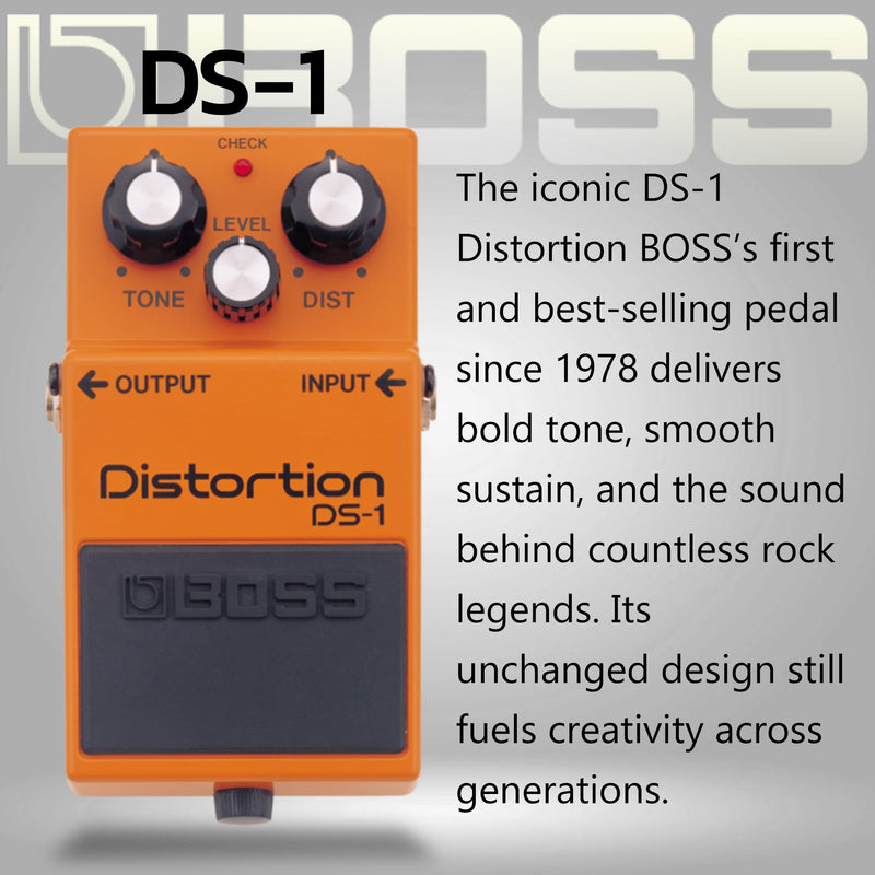 Boss DS-1 Distortion Bundle with Gearlux Power Supply, Instrument Cable, Patch Cable, Picks, and Austin Bazaar Polishing Cloth DS - 1 Bundle w/ Power Supply