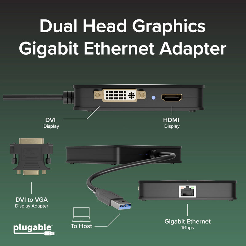 Plugable USB 3.0 Laptop Docking Station – Dual Monitor (HDMI & DVI/VGA), Gigabit Ethernet, Audio, USB Hub - Compatible with Windows & Mac