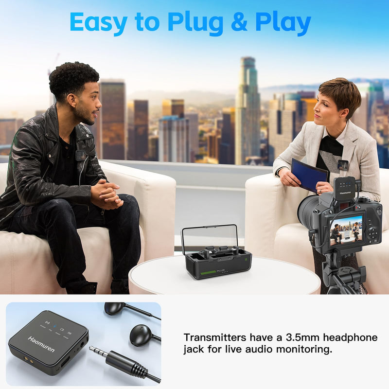 [AUSTRALIA] - Haomuren Wireless Lavalier Microphone 2 Pack,Wireless Microphone,Compatible with iPhone,Android,Camera,iPad,Tablet,PC,Noise Cancel,Echo,Bluetooth Lapel Mic for Video Recording,Stream,Vlogs Black 