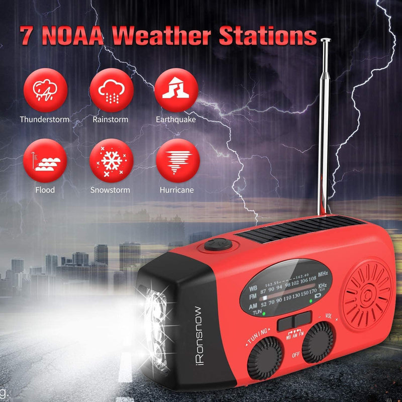 Solar Emergency Hand Crank Weather Radio, Portable Self Powered NOAA AM/FM Radios with SOS Alarm LED Flashlight 2000mAh Power Bank Smart Phone USB Charger for Camping (Red) IR088 Red