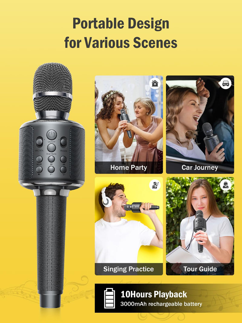 Wireless Bluetooth Karaoke Microphone, Built-in Loud Speaker for 10H Playback, Add Reverb/Duet Mode/Earbuds Monitoring, Portable Karaoke Machine for Entertainment & Singing Practice (Gray) Gray