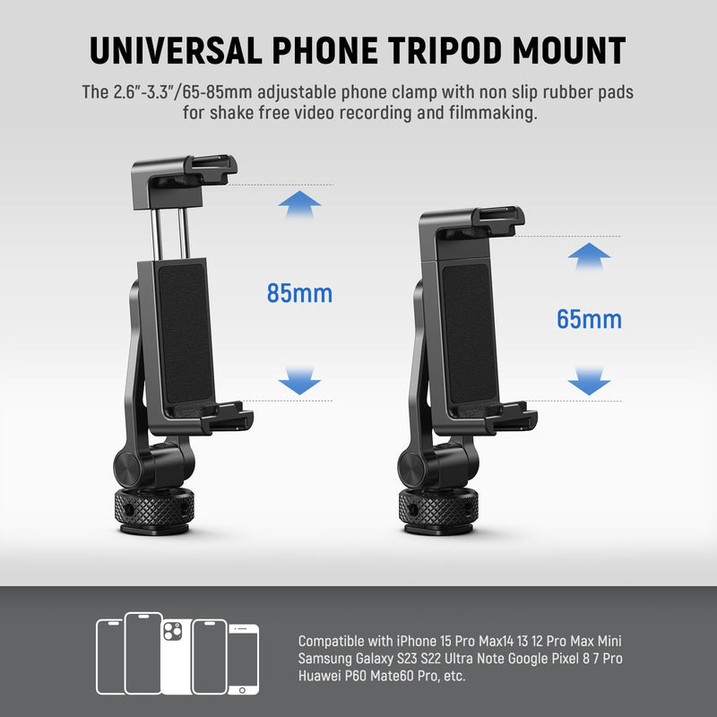 [AUSTRALIA] - Neewer Metal Phone Tripod Mount with Cold Shoes, 1/4" Thread, 180° Tilt, 360° Rotation, Adjustable Phone Clamp Metal Phone Holder Compatible with iPhone 16 15 Pro Max S24 Ultra Camera Cage, GA010 