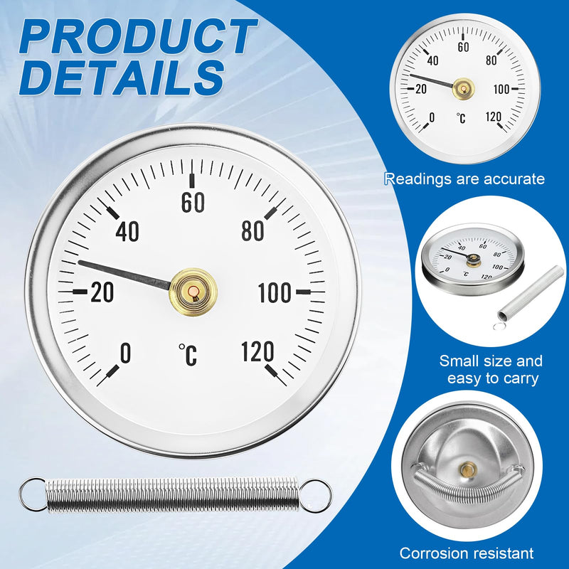 Weploda Pack of 2 Pipe Thermometers, Heating Pipe, Pipe Thermometer, Stainless Steel, Temperature Display with Clip-On 0-120 °C, Portable Pipeline Thermometer, Monitoring Pipe Temperature (with 2