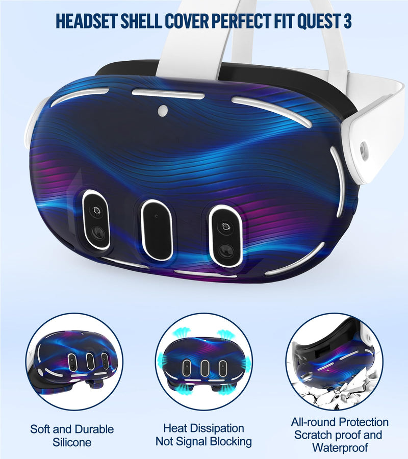Silicone Cover Set Compatible with Oculus/Meta Quest 3, Touch Controller Grips Cover, VR Shell Cover, Facial Interface Cover, Protective Lens Cover, Tempered Glass Lens Caps (Aurora Blue) Aurora Blue