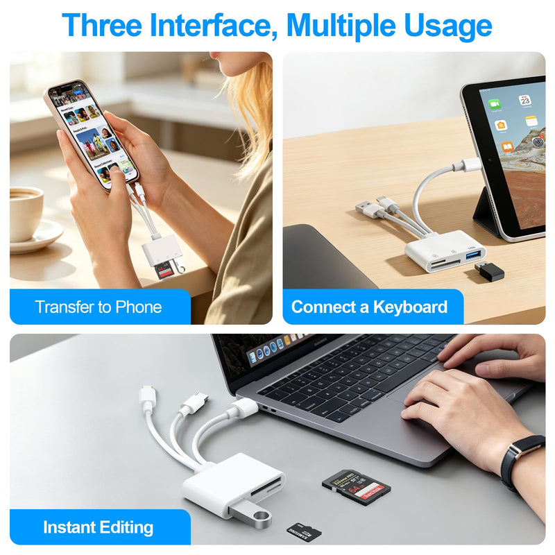 SD Card Reader for iPhone iPad Mac, 3 in 1 Memory SD Card Adapter, USB C & Lightning & USB-A Digital Camera Adapter to iPhone with SD/MicroSD/USB OTG Slots, High-Speed Plug & Play for Computer Laptop