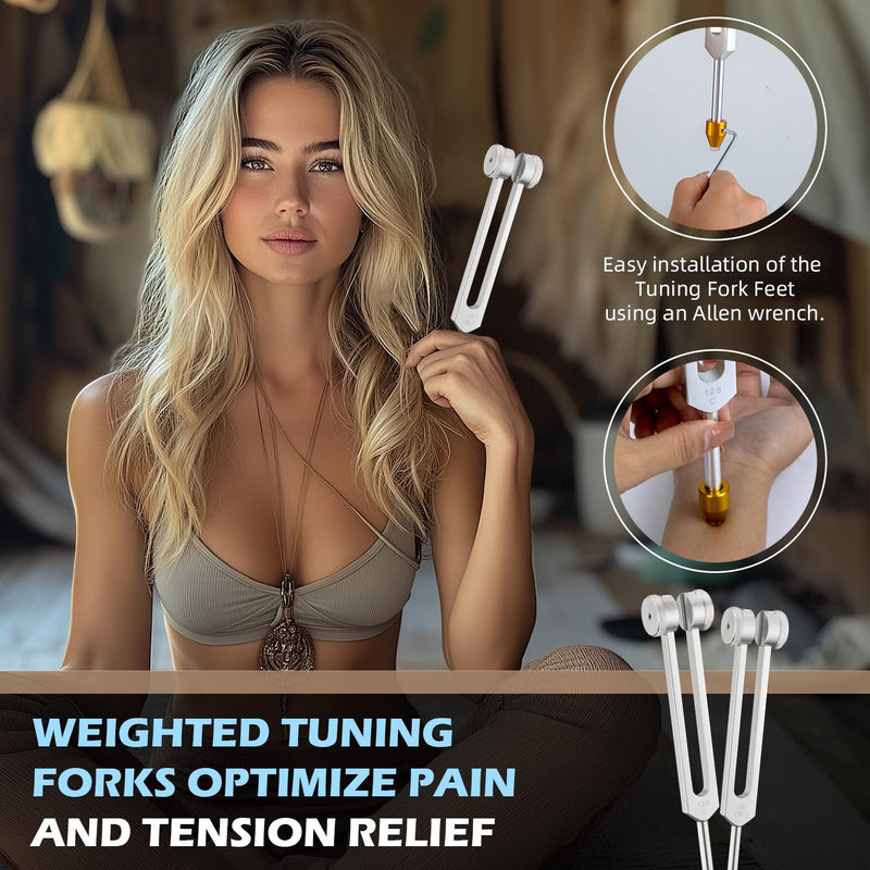 [AUSTRALIA] - Tuning Forks for Healing, Aluminum Alloy Tuning Fork 128Hz, 136.1Hz, 256Hz, 384Hz, Hockey Puck Activator & feet, Weighted & Unweighted Tuning Fork Set with Vegan Leather Pouch 4PCS Silver 