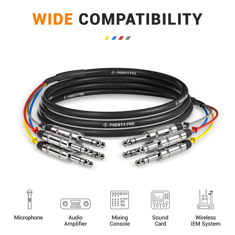 Phenyx Pro 4-Channel TRS Snake Cable, Color-Coded TRS Patch Cable w/24 AWG OFC Copper, 10 Ft, 1/4" Audio Cable, TRS to TRS Balanced 1/4-Inch Cable for Guitar, Bass & AMP (PCBL-QR4IN1-10) 10 Feet