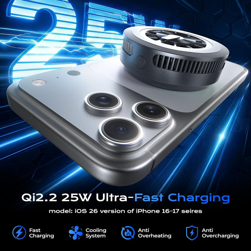 Qi2.2 Magnetic Car Mount Charger【25W Fast Charging+Ice-Cooling】 360° Rotating Fast Wireless Charger Stand with Cooling Fan/LED Light,Vacuum Magnetic Phone Holder Compatible with iPhone 12-17, S26/S25 Stand+Cooling Charging Pad