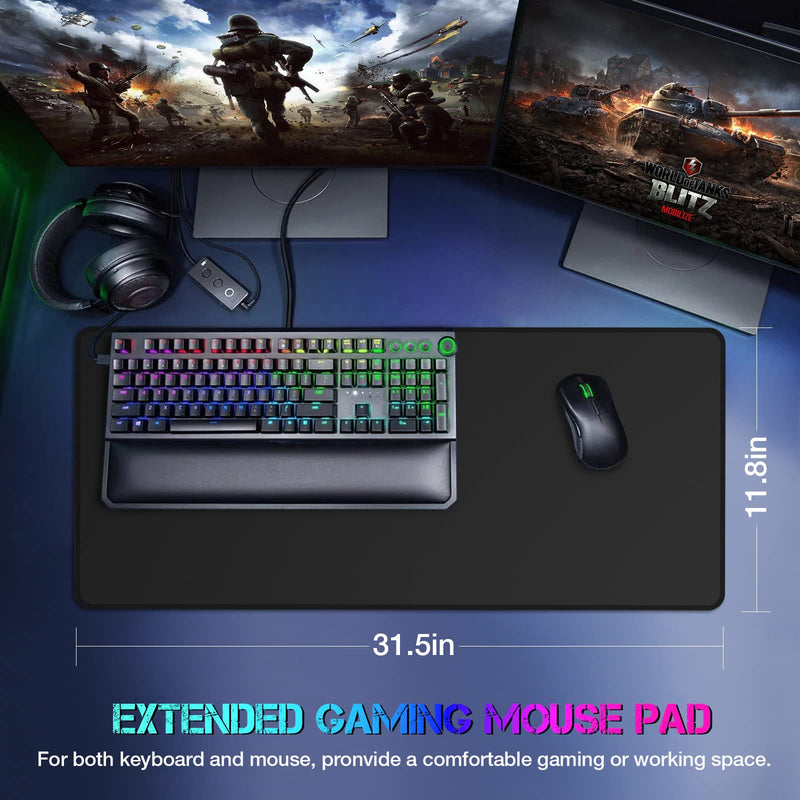 ETZ Large Gaming Mouse Pad 31.5 x 11.8 × 0.12 in,with Stitched Edges,Extended Mousepad,Durable Non-Slip Natural Rubber Base,Washable Keyboard Pad,Desk Pad for Gamer,Office & Home,Black Black