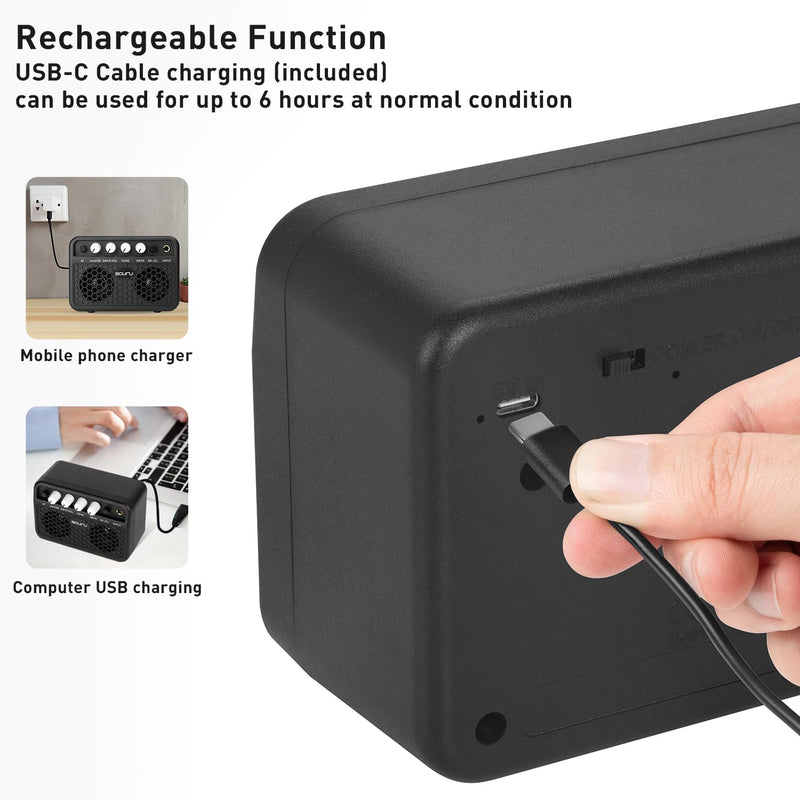 Caline Guitar Mini Amp, 5W Rechargeable Bluetooth Guitar Amplifer Combo for Desktop Practice, Dual Channel,with Headphone Jack, Black
