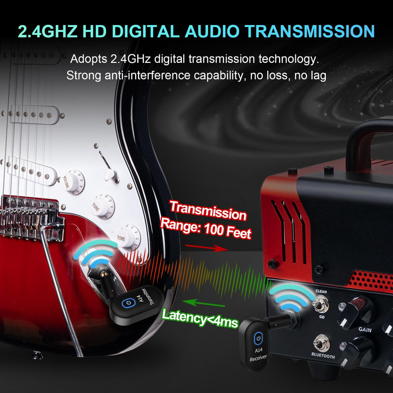 A14 Wireless Guitar System 2.4GHz 2 Modes, Thumb-Size, 90° Rotatable, Wireless Guitar Transmitter Receiver 100ft Range, Plug & Play for Guitar, Bass, Violin, Keyboard - Black (2TX + 1RX) 2TX + 1RX