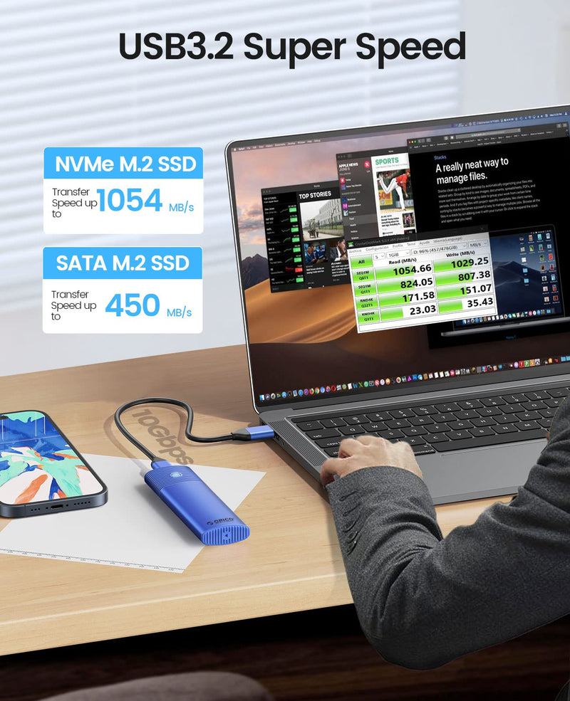 ORICO M.2 NVMe SATA SSD Enclosure Adapter Tool-Free, USB C 3.2 Gen 2 10Gbps NVME, 5Gbps NGFF SATA PCIe M-Key(B+M Key) 2230/2242/2260/2280, Aluminum External M2 Reader Support UASP Trim