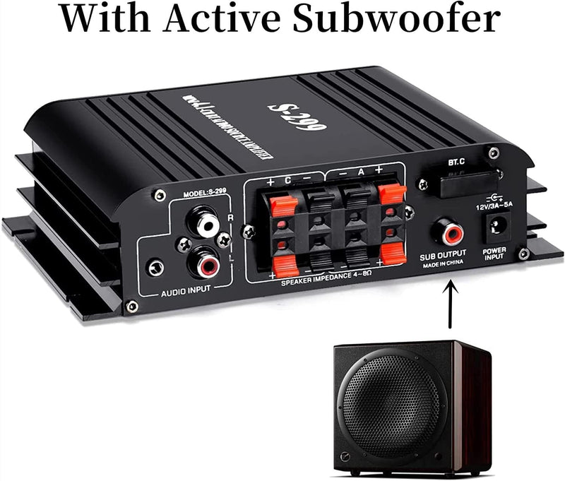 4.1 Channel Mini Audio Amplifier Receiver, Power Amplifier, Bluetooth 5.0 Amplifier, 50Wx4 + Active Subwoofer, Integrated Hi-Fi Loudspeaker Amplifier, Audio Reduction System for Car or Home 4.1 CH With Subwoofer (No FM)