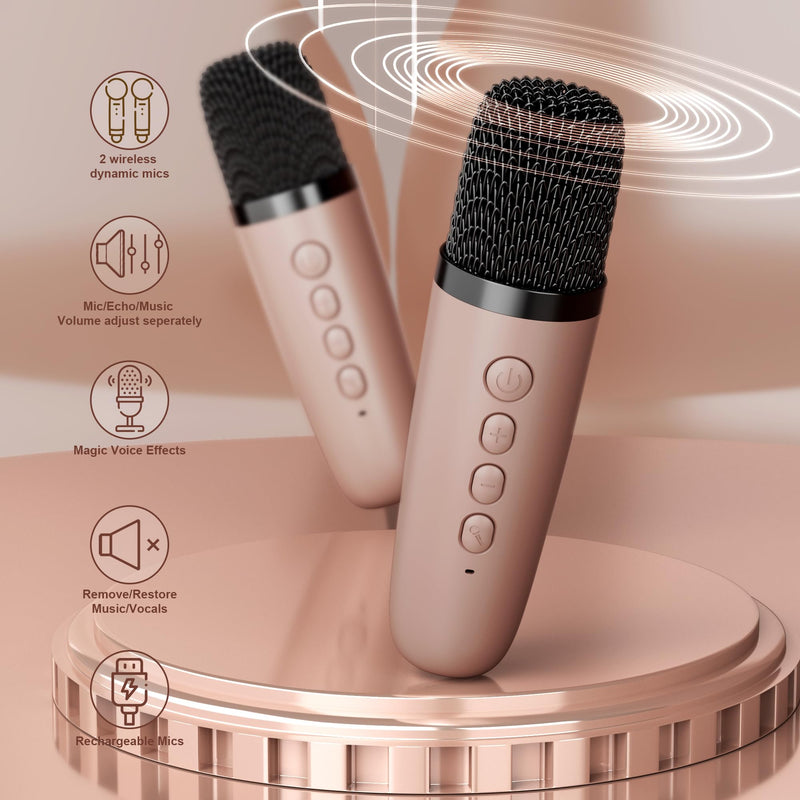 [AUSTRALIA] - Mini Karaoke Machine, Portable Bluetooth Karaoke Speaker with 2 Wireless Microphones and Party Lights for Kids and Adults, Birthday Gifts for Girls Boys Family Home Party (Rose Gold) 2 Mics Rose Gold 