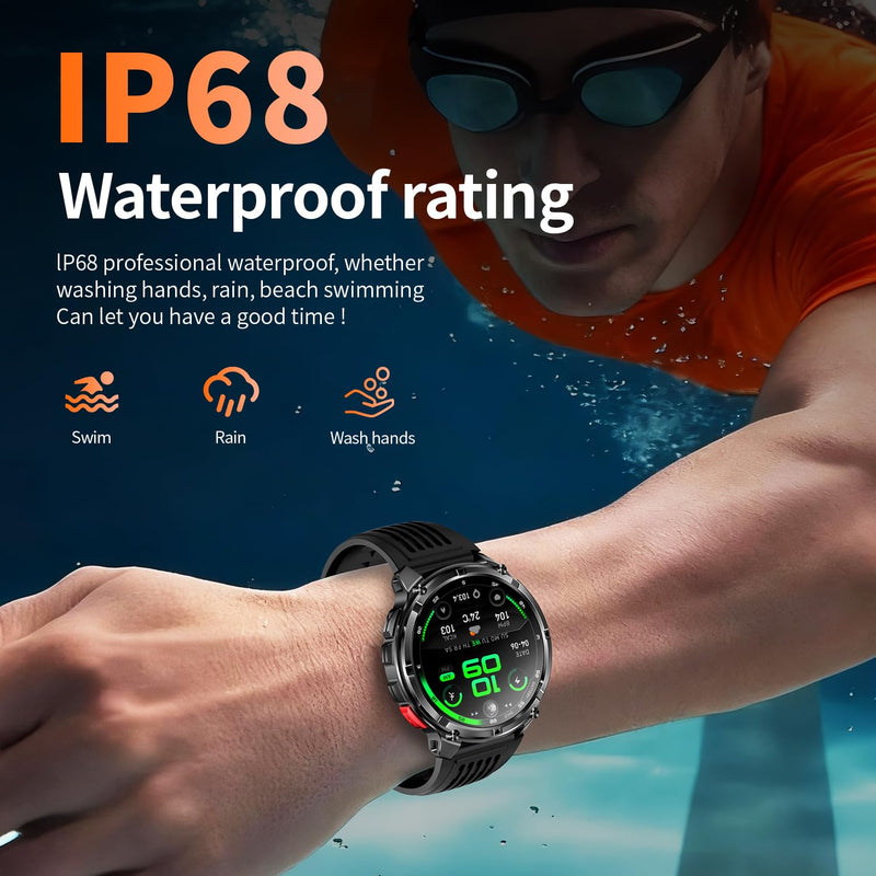 Mens Smart Watch for Android Phones and iPhone,Military Sport Smart Watches for Men Fitness Tracker Watch with Flashlight/Compass/Waterproof/100 Days Battery/Heart Rate/Sleep/100+ Sport Modes Black