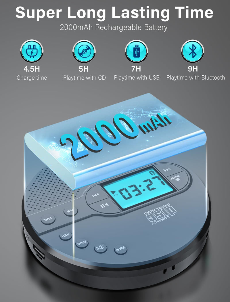 2000mAh Rechargeable Discman CD Player:Walkman CD Player with Bluetooth FM Transmitter,Headphones,LCD Screen,AUX,Built-in Speaker,USB-Portable Personal CD Player Anti-Skip Protection for Car CD35 Grey