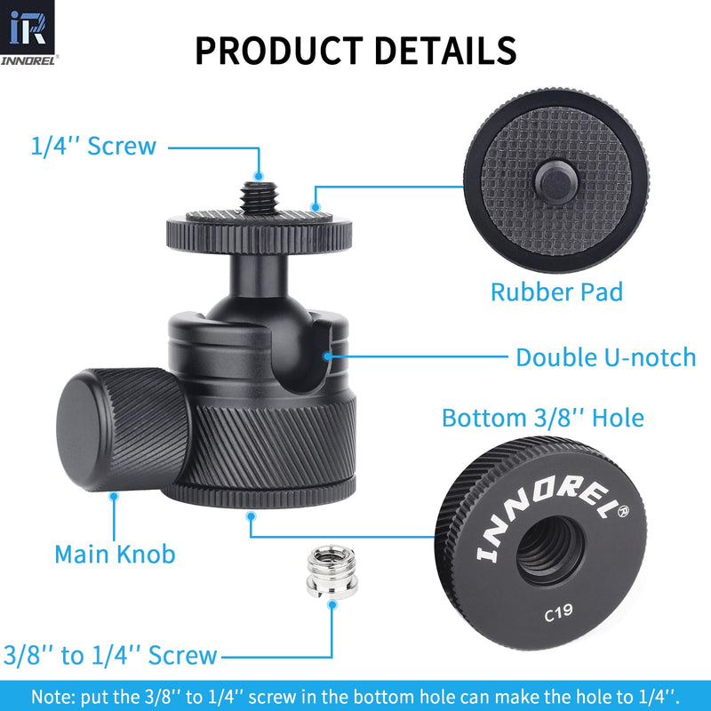Mini Ball Head-INNOREL C19 Mount Tripod Head-CNC Metal Low Profile Ballhead 360° Pan 90° Tilt Tripods Mount with 3/8" to 1/4" Adapter Ballheads, Max Load 6.61 lb/3kg for Phone/DLSR Camera/Mini Holder