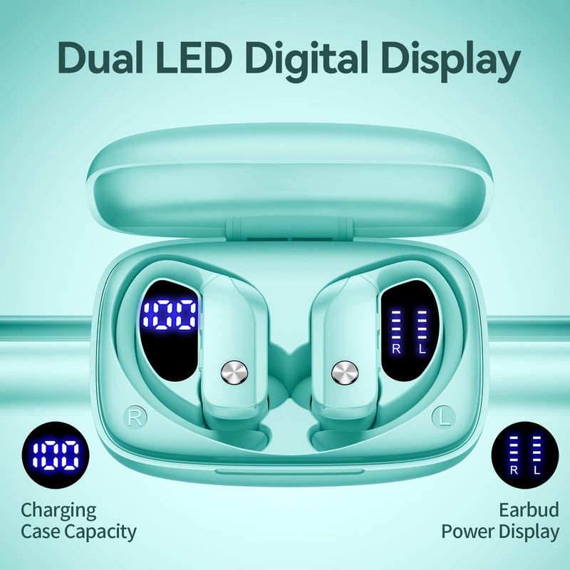 2 Sets Wireless Earbuds Bluetooth Headphones 48hrs Play Back Sport Earphones with LED Display Over-Ear Buds with Earhooks Built-in Mic Headset for Workout Mint Green+Green