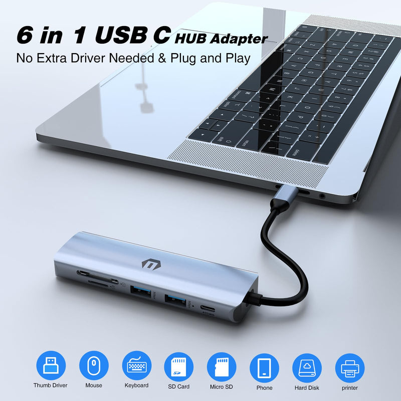 6 in 1 USB C HUB, Oditton Hub Port with 4K HDMI, 100W Rapid Charging, 3 x USB 3.0, SD/TF, Compatible for USB C Laptops Dell XPS/HP/Surface and Other Type C Devices