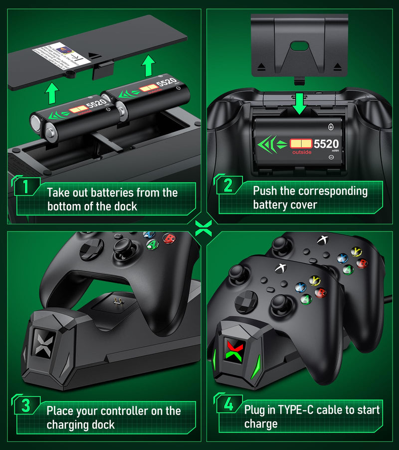 Upgraded Controller Charger Station with 2x5520mWh Rechargeable Battery Packs for Xbox One/Series X|S Controller,Dual Charging Dock for Xbox One Controller Battery Pack with 4 Battery Covers for Xbox Black