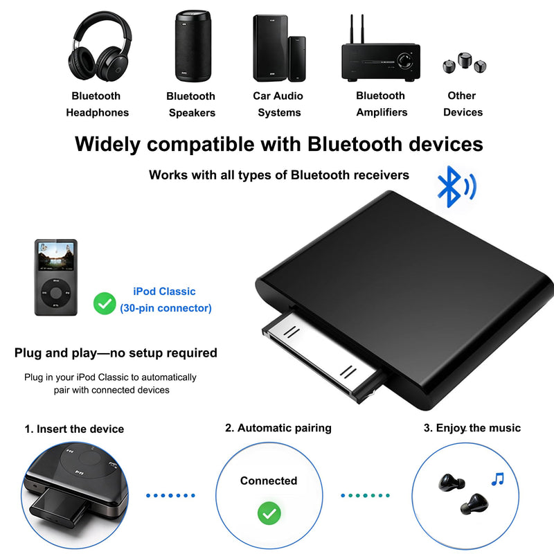 Bluetooth Transmitter for iPod Classic 160GB & iPod Nano,Plug-and-Play Bluetooth Adapter Connector Compatible with AirPods, Bluetooth Earbuds, Headphones and Speakers (Black) Black