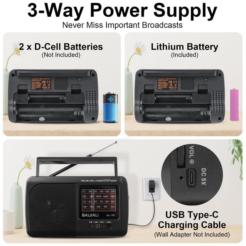 Portable AM/FM/SW1/SW2 Shortwave Radio - Retro Transistor Design with 3W Speaker, Battery Operated for Home Use, Outdoor & Emergency Survival (BJL-201)