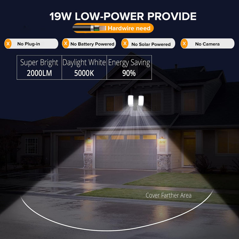 UME 19W LED Flood Light Motion Sensor Outdoor, 2 Adjustable Head, 2000LM, 5000K, IP65 Waterproof, Dusk to Dawn Security Light with Photocell for Exterior,Outside,Garage,House(Black) 1pack Black
