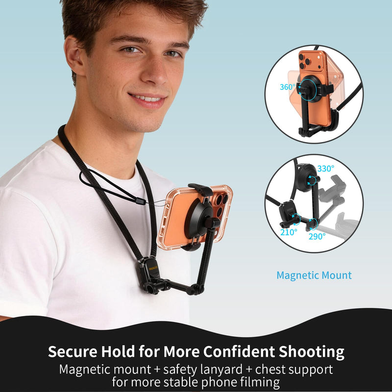 Neck Phone Holder and POV Chest Mount with 1.5m Strap | Magnetic and clip-on mounting for hands-free filming while walking, cooking, hiking or vlogging; fits iPhone 12-17.