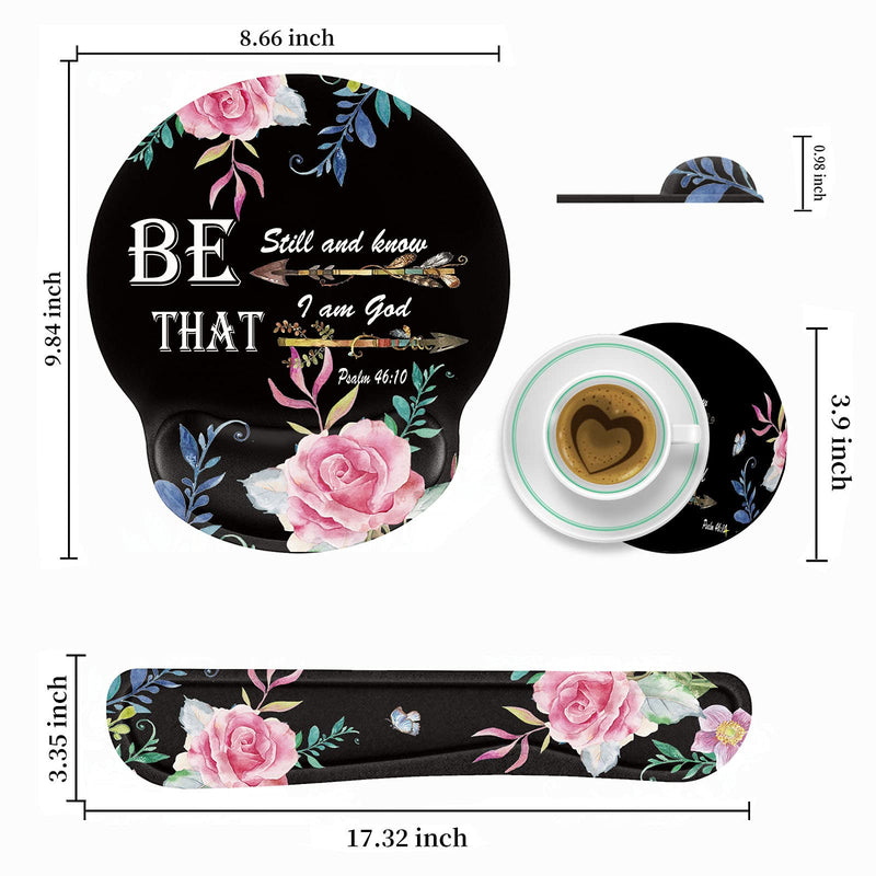 Keyboard Wrist Rest and Mouse Pad Wrist Support Set with Coffee Coaster, Non-Slip PU Base for Gaming and Office, Comfortable & Lightweight for Easy Typing & Pain Relief,Flower Bible Verse Psalm 46:10 Flower Bible Verse Psalm 46:10