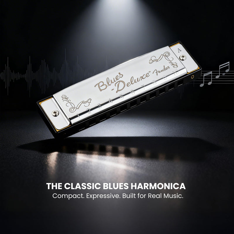 Fender Blues Deluxe Harmonica - Key of G Bundle with Carrying Case, Austin Bazaar Online Manual, and Polishing Cloth