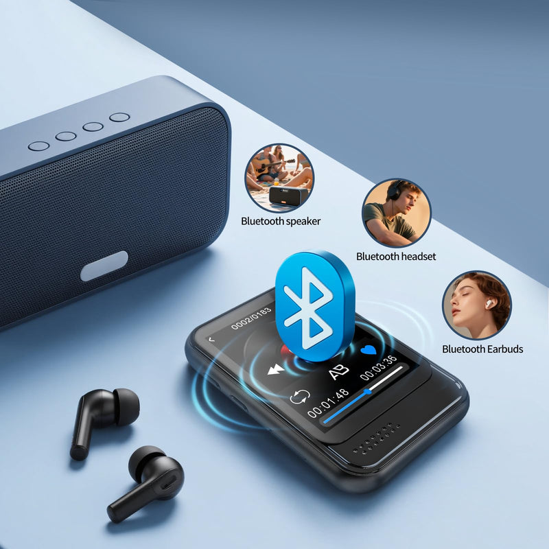 Bluetooth MP3 Player, Portable Music Player with FM Radio, Voice Recorder, Ebook Digital Audio Player with 16GB Internal Memory Support TF Card up to 512GB 1.8" Black
