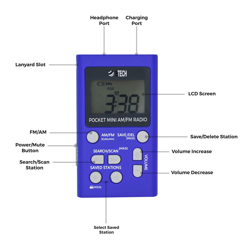 BTECH MPR-AF1 AM FM Personal Radio with Two Types of Stereo Headphones, Clock, Great Reception and Long Battery Life, Mini Pocket Walkman Radio with Headphones (Blue) MPR-AF1 Radio Blue