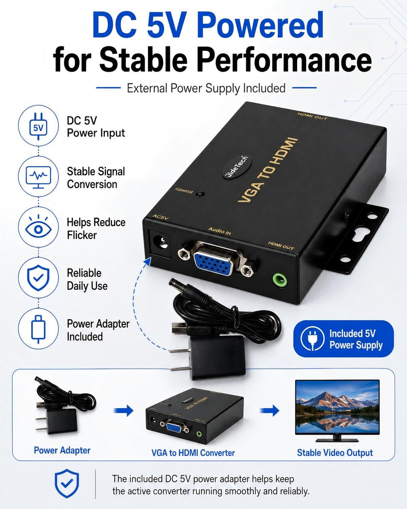 JideTech VGA to HDMI Converter with Audio, One-Way VGA Source to HDMI Display Adapter, 1080P Active Converter, DC 5V Powered, 3.5mm Audio Input, for HDTV, Monitor and Projector