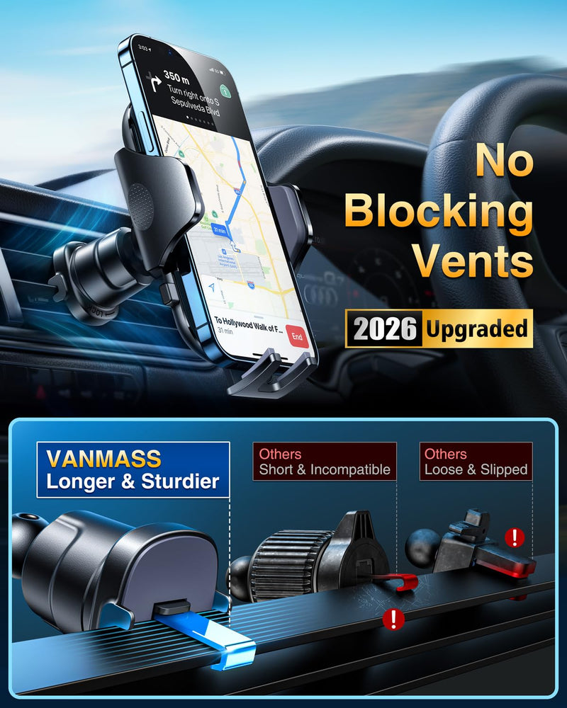 [AUSTRALIA] - VANMASS Car Phone Holder [Upgraded Strongest Suction & Clip] Cell Phone Mount for Dashboard Windshield Vent Wall,Truck Cradle Stand for iPhone 17 Pro Max 16 15 14 13 12 11 SE Samsung S26 Android,Black Black 