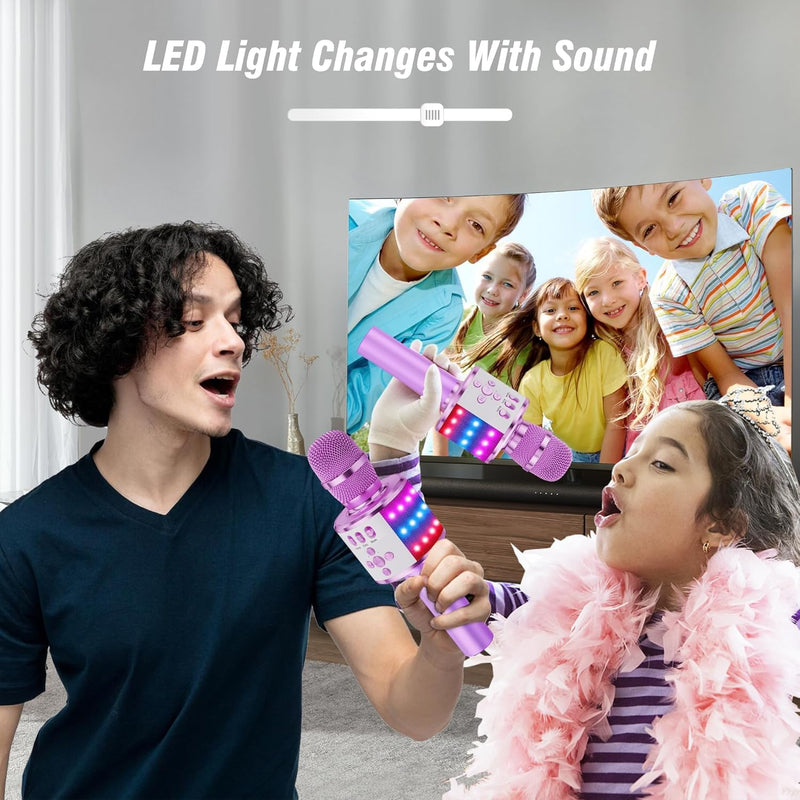BONAOK Karaoke Microphone for Kids & Adults - Bluetooth Microphones Singing Mic with Disco Lights, Echo Effect, Built-in Speaker Portable Karaoke Player for Party Travel Gifts Q78(Light Purple) Light Purple