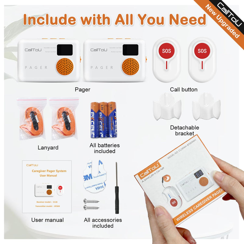 CallToU Caregiver Pager Wireless Call Button 1000FT for Elderly Monitoring Vibration Call Bell Medical Alert System with Digital Display Low Power Reminder 2 Portable Receiver 2 SOS Call Button 2 Call Button + 2 Receiver
