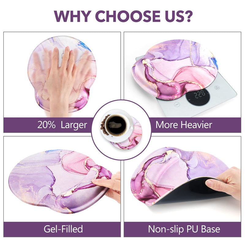 AIMSA Ergonomic Mouse Pad with Wrist Rest Support Gel Memory, Non-Slip PU Base Wrist Rest Pad for Home, Office, Work, Game, Easy Typing, Pain Relief, Comfortable, Durable, Pink Purple Marble