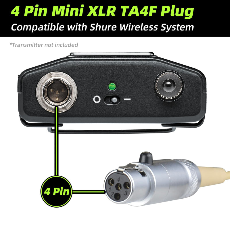 Professional Headset Microphone, Compatible with Shure Wireless System, Omnidirectional Condenser Double Over Ear Headworn Mic, 4-Pin Mini XLR, Cable Length 42 Inch (Beige) Beige