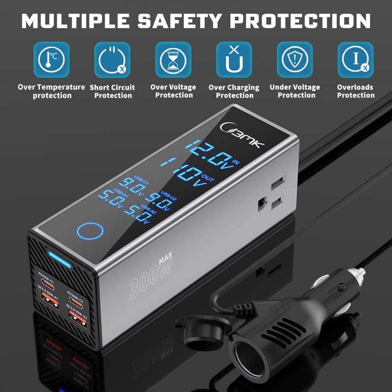 300W Car Power Inverter 12V DC to 110V AC Outlet Adapter 4 Fast USB Ports with PD 36W QC3.0 LCD Voltage Display Stackable Design for Laptop CPAP Road Trip Essentials Gray with black