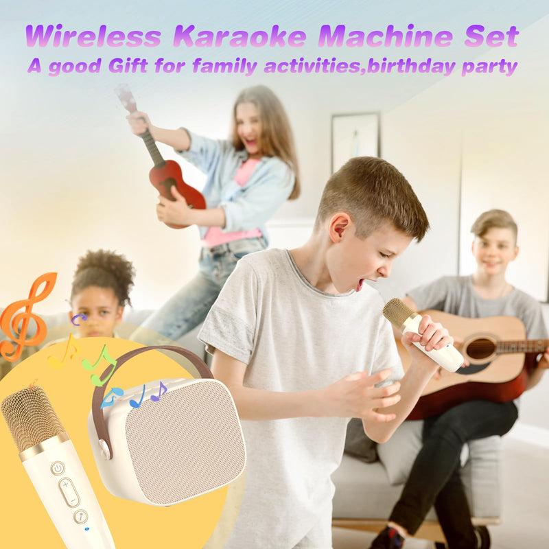 Mini Karaoke Machine Microphone,Fun Toys Christmas Birthday Gifts for Adult Kids/Toddler Boys Girls 3 4 5 6 7 8 9 10 11 12+,Portable Bluetooth Speaker with 2 Wireless Microphone Beige 2 Mics